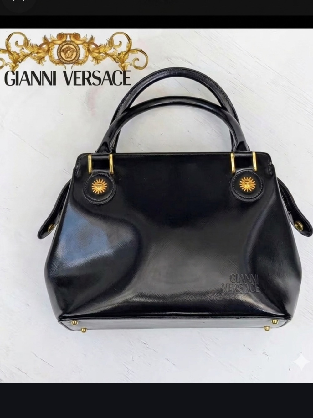 ✨ Gianni Versace Black Leather Shoulder Bag – Sunburst Gold Hardware ✨
